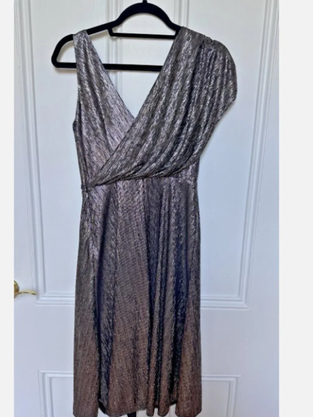Alice + Olivia Roxy Front-Drape Midi Dress Gold Black Metallic Shimmer Size 2